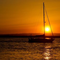 Sailboat sailing in sea at sunset