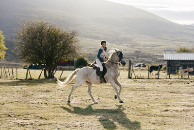 Side view of woman in hat riding a beautiful white horse on background of rural landscape under blue sky