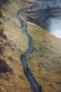 High angle view of road on cliff at gullfoss waterfall iceland