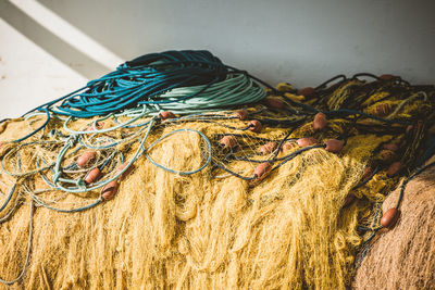 Close-up of fishing net on table