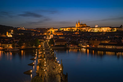 Illuminated buildings in city by river at dusk