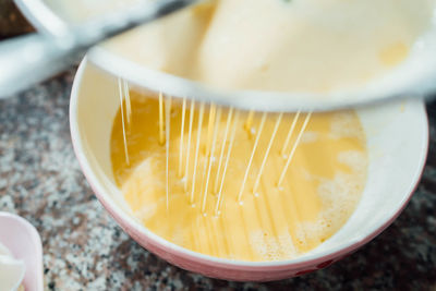 High angle view of drink in bowl on table