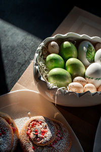 High angle view of fruits in bowl on table