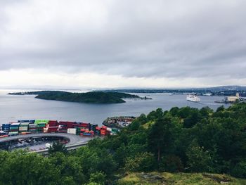 High angle view of bay against sky