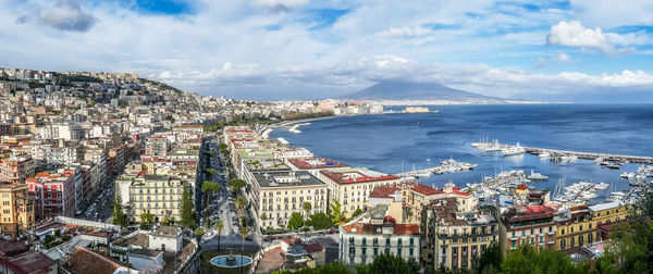 Aerial view of napoli and his gulf with vesuvius in background