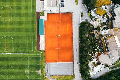 Aerial view of empty tennis court