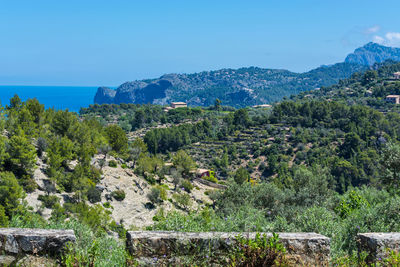 Scenic view of landscape and sea against clear blue sky