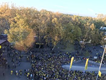 High angle view of people on street in city