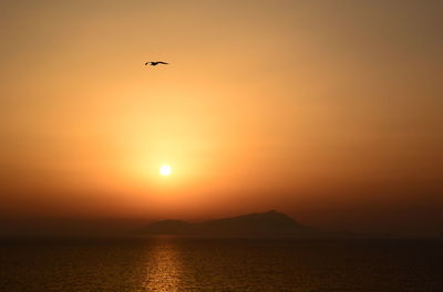 Scenic view of sea against orange sky