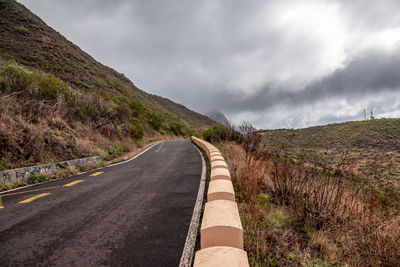 Empty road leading towards mountains against sky