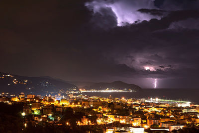 Aerial view of illuminated city against sky at night