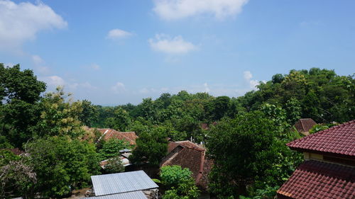 High angle view of trees and building against sky