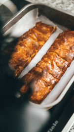 High angle view of meat in plate on table