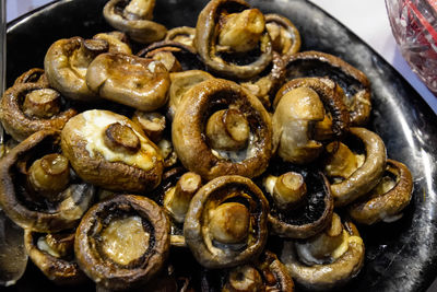 High angle view of mushrooms in container