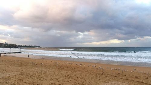 Scenic view of beach against cloudy sky