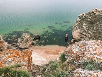 High angle view of rocks on beach