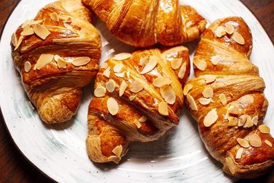 High angle view of bread in plate on table