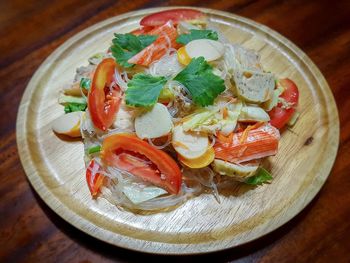 High angle view of salad in plate on table