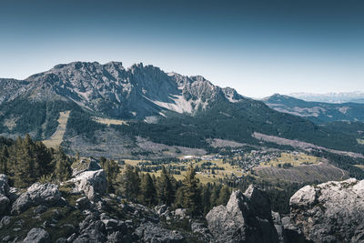 Aerial view of landscape and mountains against clear sky