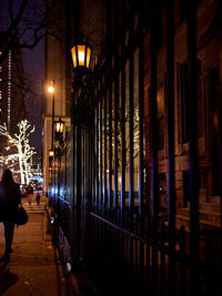 Rear view of people walking on illuminated street at night