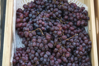 High angle view of red grapes in crate