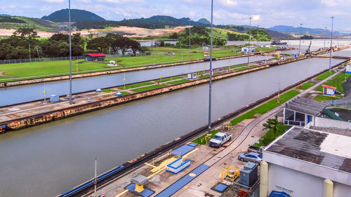 High angle view of bridge over river against sky