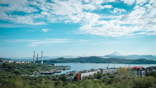 Scenic view of bay against sky