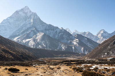 Scenic view of snowcapped mountains against clear sky