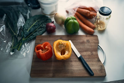 High angle view of bell peppers on table