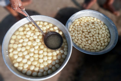 High angle view of eggs in container