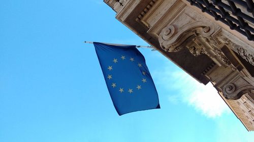 Low angle view of sign against clear blue sky