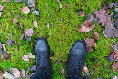 Low section of man standing on field