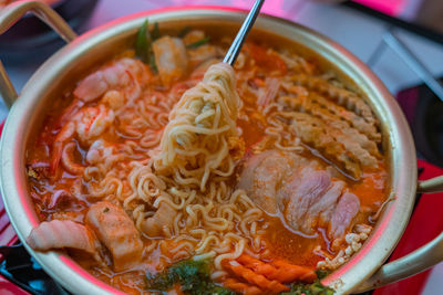 High angle view of soup in bowl