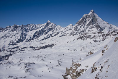 Scenic view of snowcapped mountains against clear sky