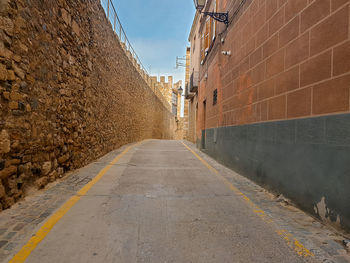 Empty road amidst buildings against sky