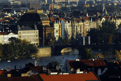 High angle view of illuminated buildings in city