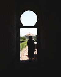 Rear view of silhouette woman standing against window