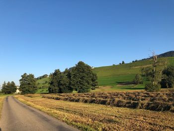 Road amidst trees on field against clear blue sky