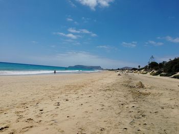 Scenic view of beach against blue sky