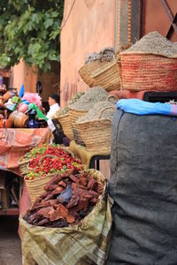 High angle view of spices in sack for sale at market