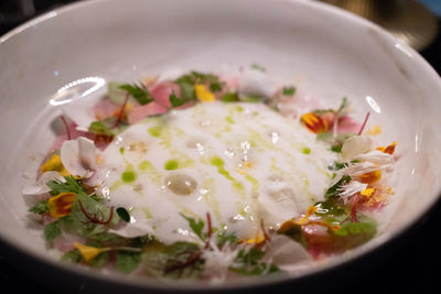 High angle view of meal served in bowl