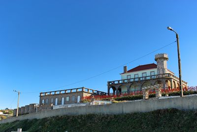 Low angle view of building against clear blue sky