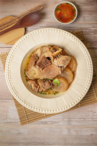 High angle view of soup in bowl on table