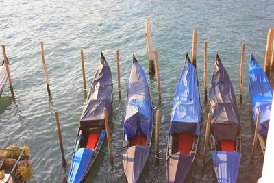 High angle view of boats moored in sea