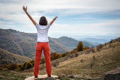 Rear view of man looking at mountains against sky