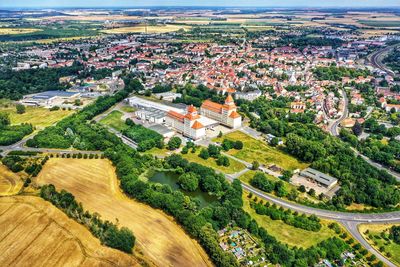 Small town wurzen with factory plant. high angle view of city scape 