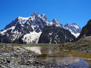 Scenic view of snowcapped mountains against clear sky