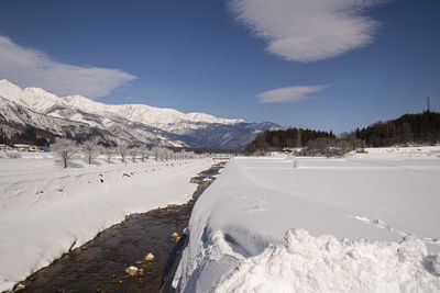 Scenic view of snow covered mountains against sky