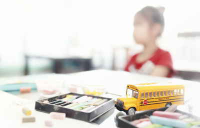 Close-up of toy car on table