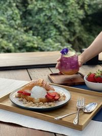 High angle view of meal served on table